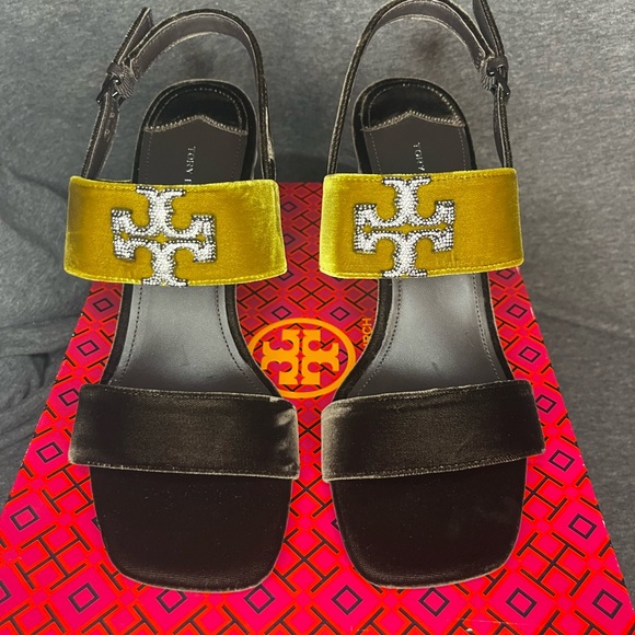 Tory Burch Eleanor Pave Heel Sandal Velvet, Leather Sz 10 NIB Pumpkin Fall - Picture 4 of 6